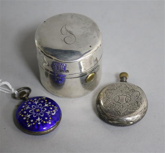 Two silver fob watches including enamel and an Edwardian silver mounted travelling inkwell.